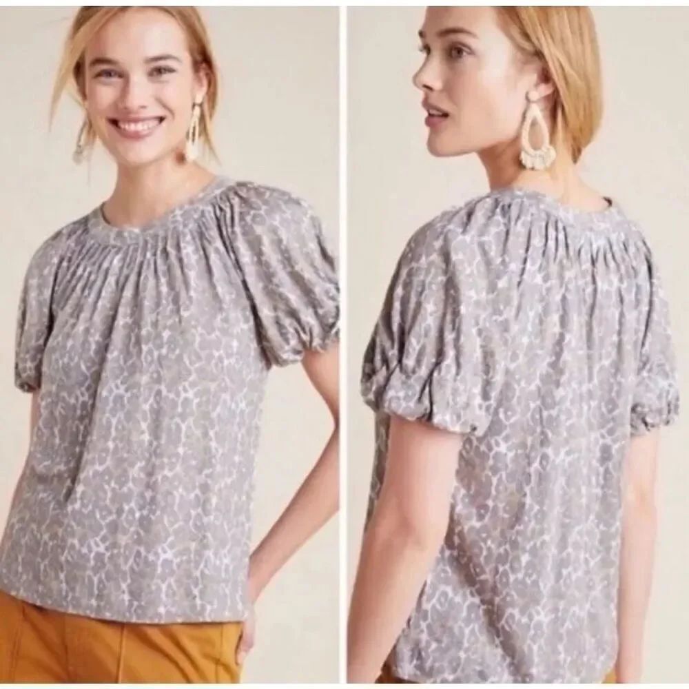 Anthropologie S Maeve Leopard Print 100% Linen Puff Sleeve Top Blouse Tee
